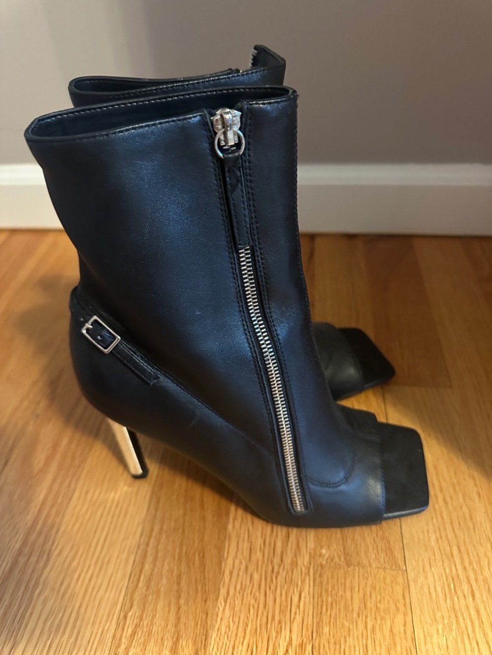 Women's Black Leather Peep-Toe Ankle Boots with Side Zip